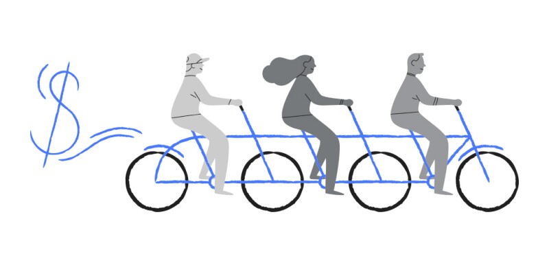 Illustration of three people riding a bicycle with a money sign in their path