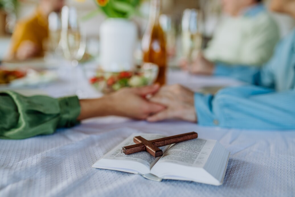 Close-up of family holding hands, praying before lunch.