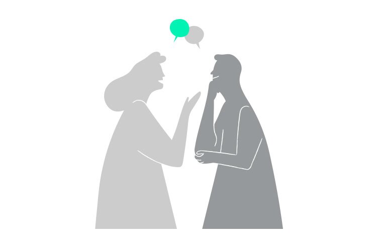Illustration of man and woman talking with speech bubbles