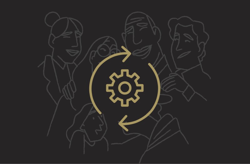 illustration with a gear cycling with happy people