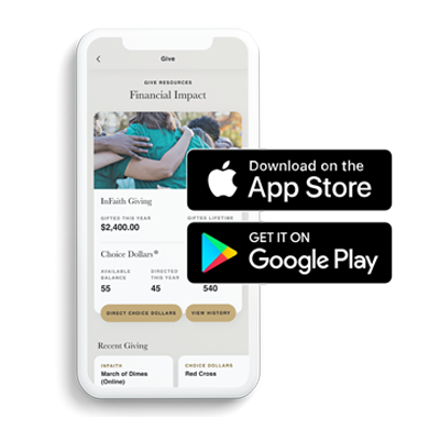 Thrivent app on mobile phone with showing app store buttons