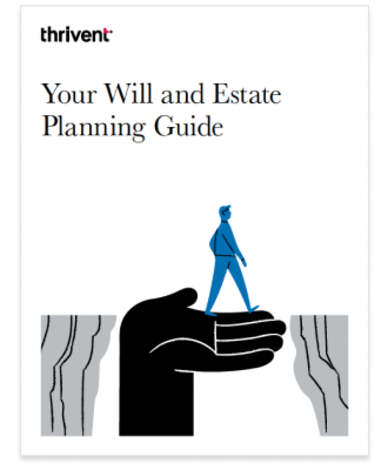 Your Will and Estate Planning Guide with illustration of man walking atop a large hand to cross from one cliff to another