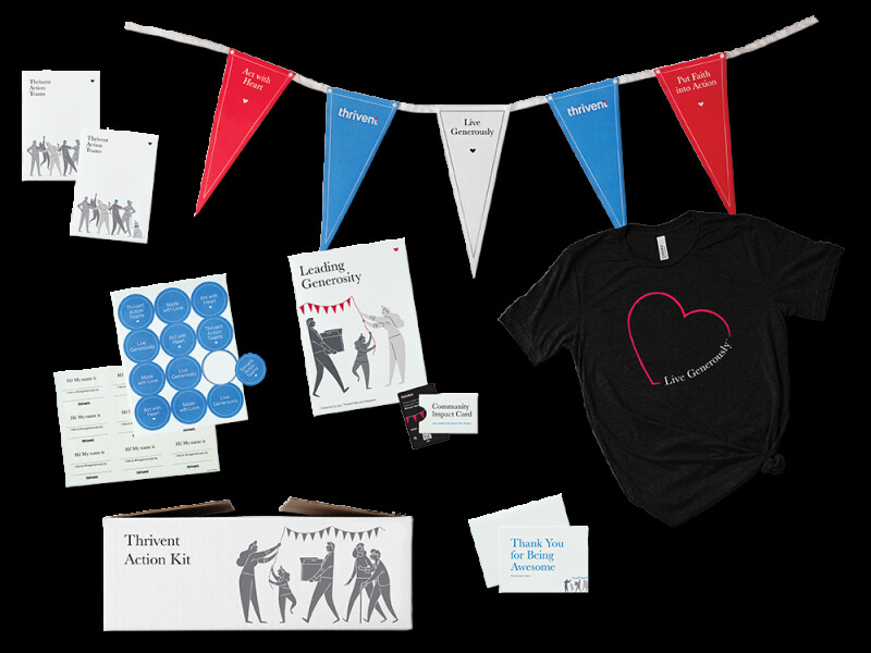 a picture of a banner, stickers, t-shrt, paper hand-outs, and thank-you cards