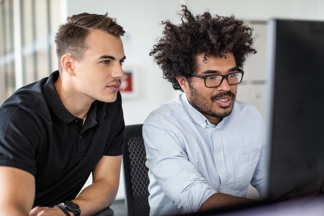 Coworkers looking at computer