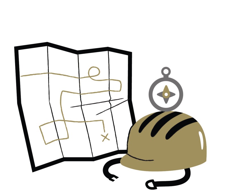 Illustration of a map, compass and helmet
