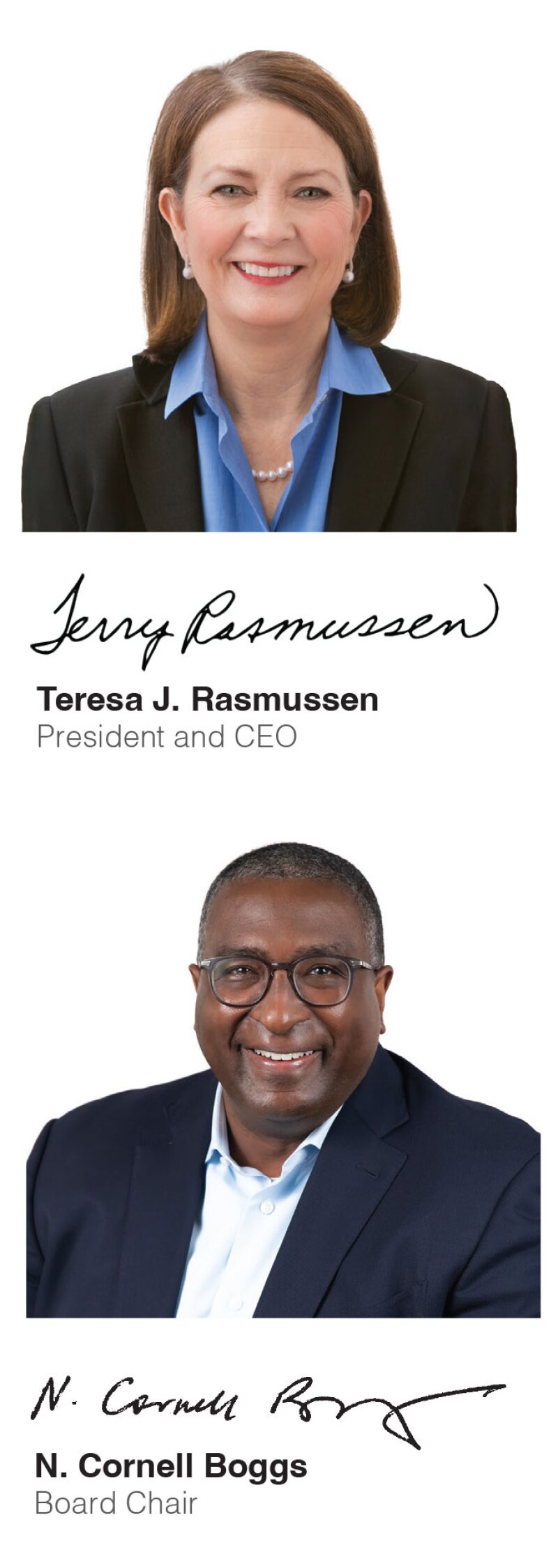 Photos and signatures of Thrivent CEO Teresa J. Rasmussen and Thrivent board chair N. Cornell Boggs