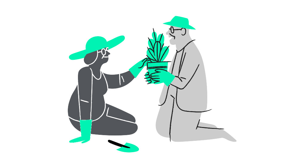 Illustration of mature couple gardening