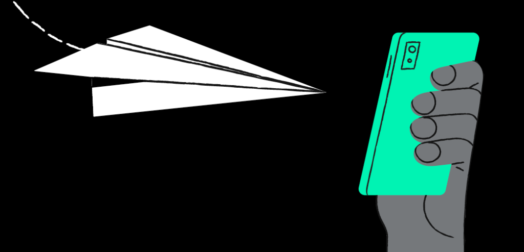 paper plane flying towards phone
