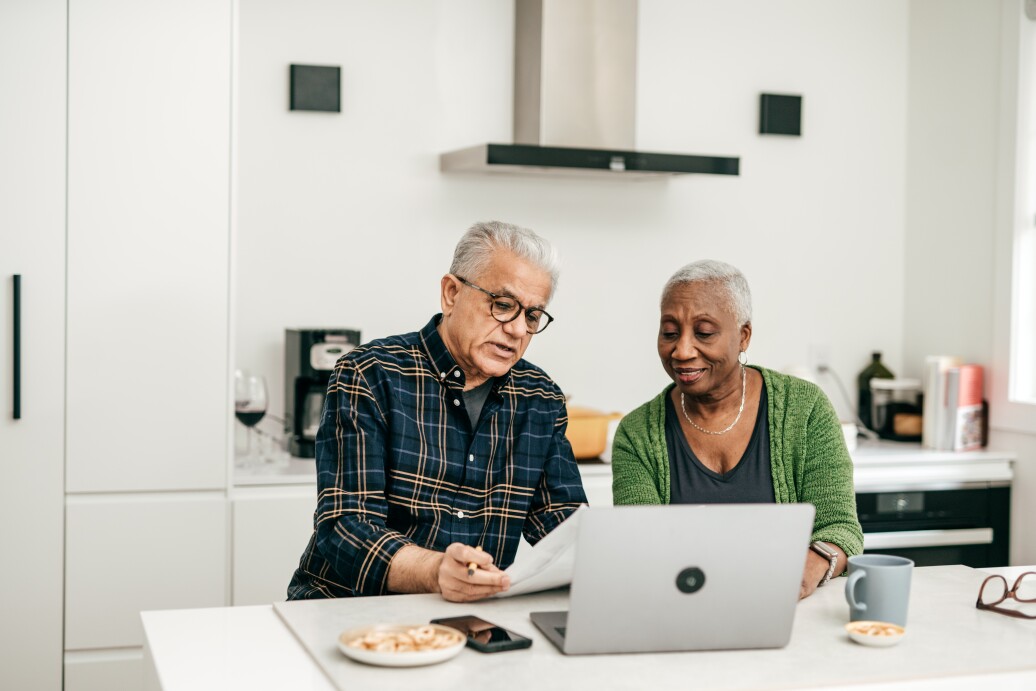 Senior couple working at the computer together