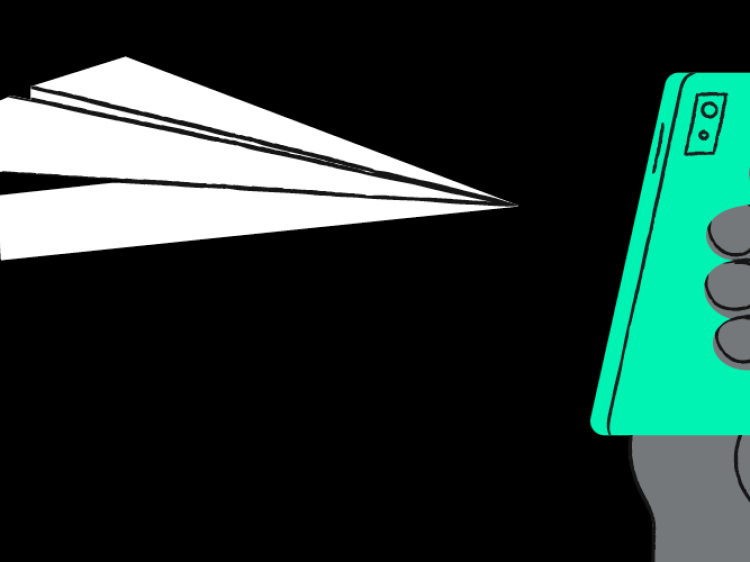 paper plane flying towards phone