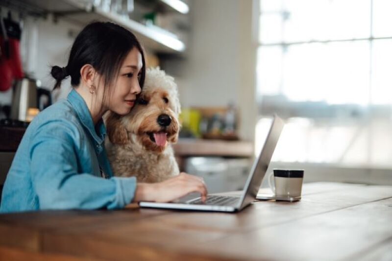 A young Asian woman and her dog looking at a computer at the kitchen table